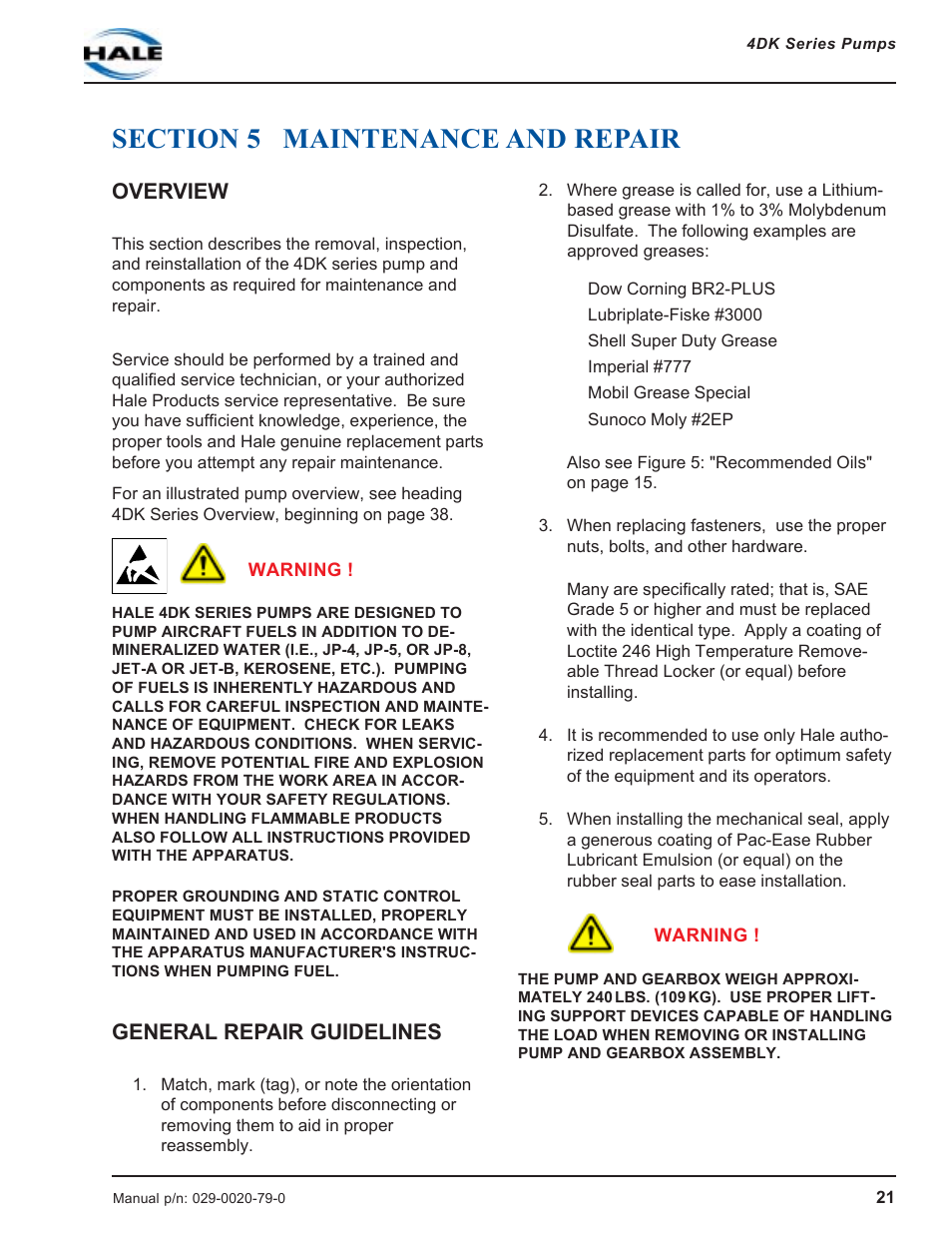 Section 5 maintenance and repair, Overview, General repair guidelines | Overview general repair guidelines | Hale 4DK Series User Manual | Page 21 / 52