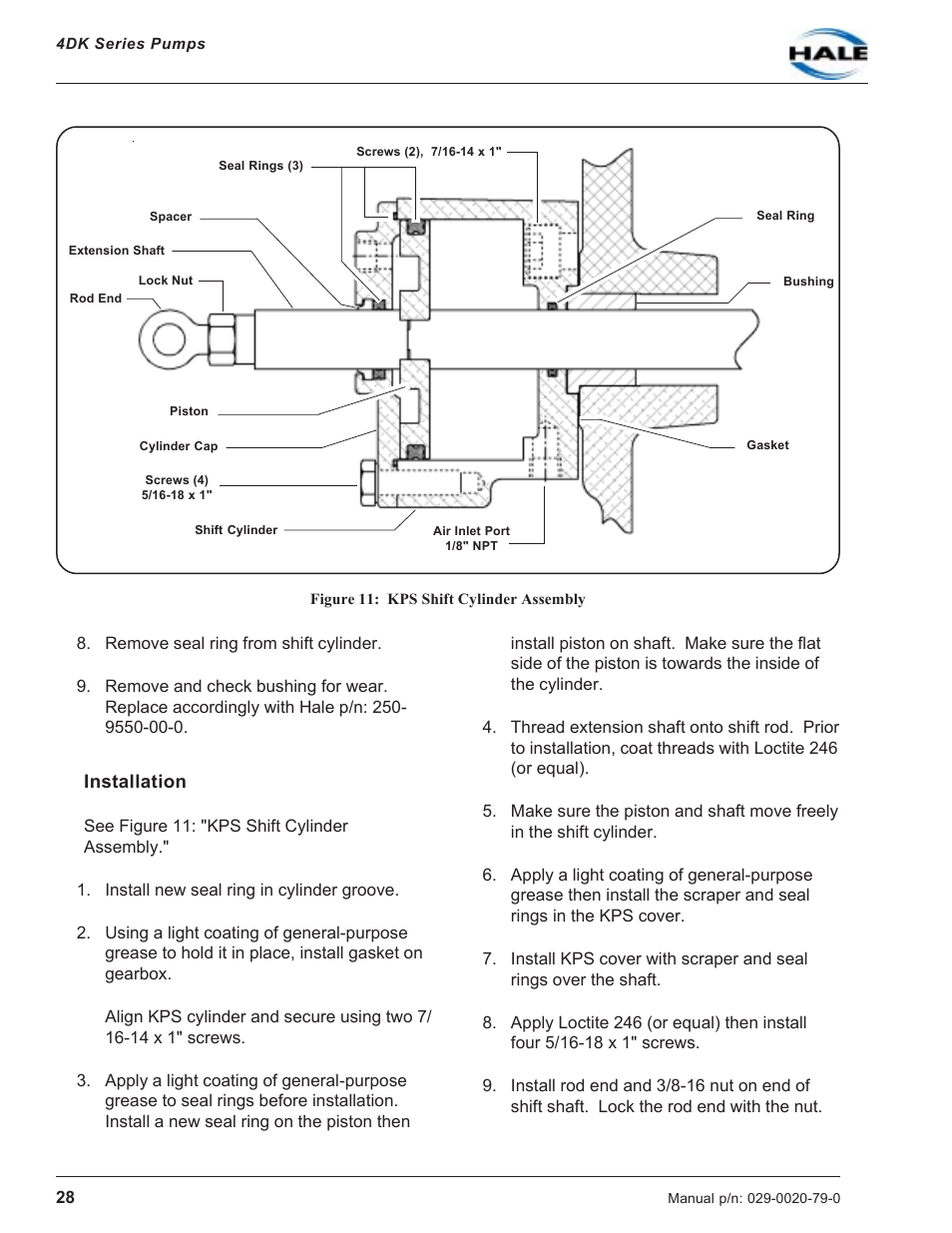 Figure 11: kps shift cylinder assembly, Installation, Kps shift cap and switch | Hale 4DK Series User Manual | Page 28 / 52