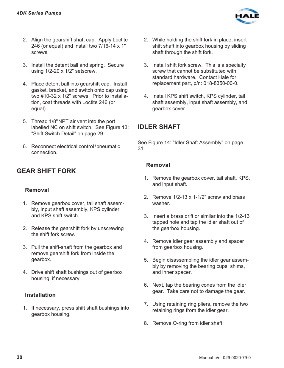 Gear shift fork, Removal, Installation | Idler shaft, Removal installation, Removal inspection | Hale 4DK Series User Manual | Page 30 / 52