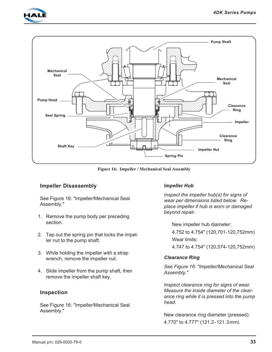 Figure 16: impeller / mechanical seal assembly, Impeller disassembly, Inspection | Hale 4DK Series User Manual | Page 33 / 52