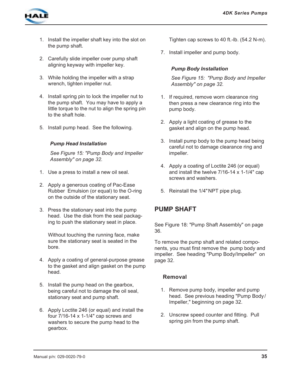 Pump shaft, Removal | Hale 4DK Series User Manual | Page 35 / 52