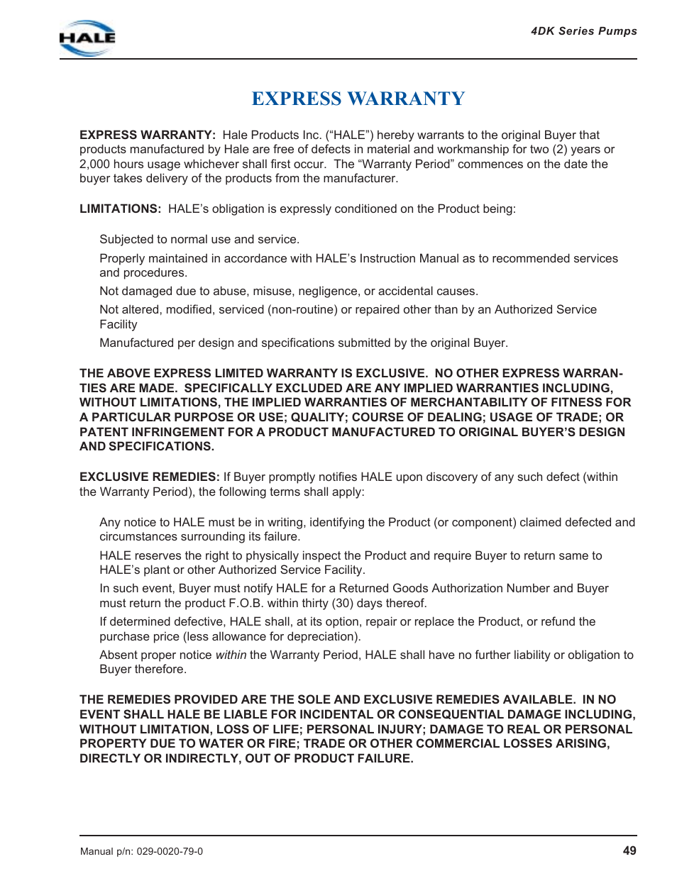 Express warranty | Hale 4DK Series User Manual | Page 49 / 52