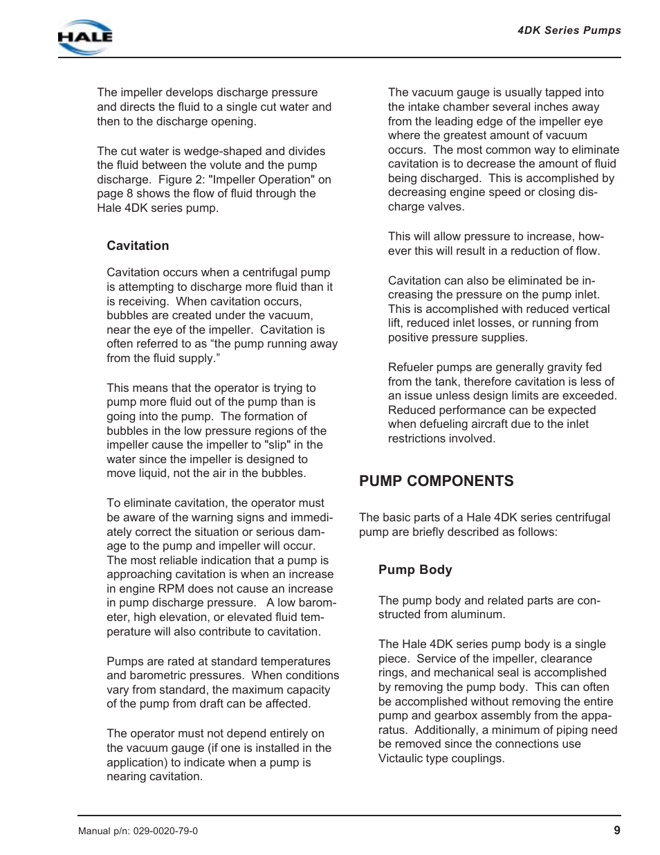 Cavitation, Pump components, Pump body | Hale 4DK Series User Manual | Page 9 / 52