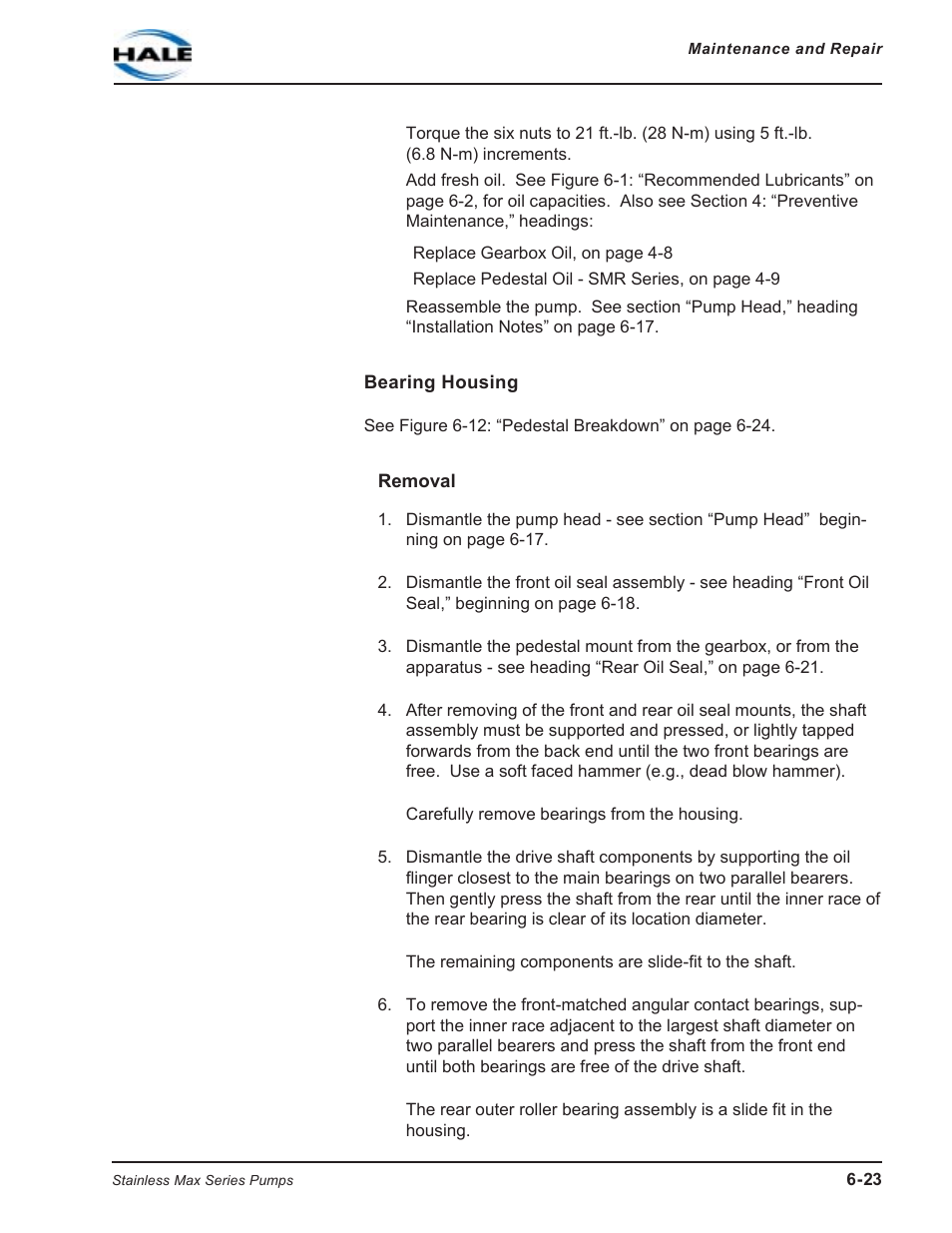 Bearing housing, Removal | Hale SMR User Manual | Page 101 / 136