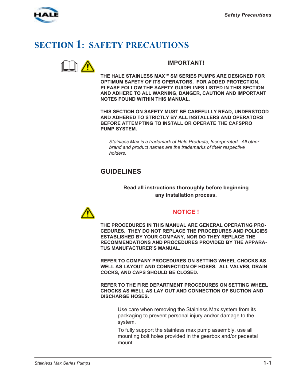 Section 1: safety precautions, Guidelines, Section | Safety precautions -1, Safety precautions | Hale SMR User Manual | Page 11 / 136