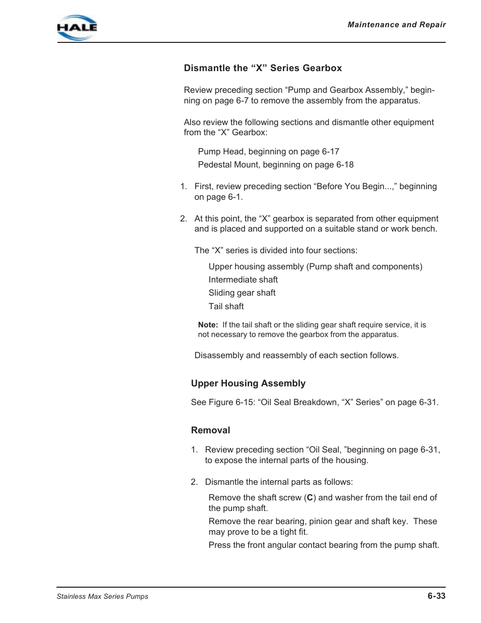 Dismantle the "x" series gearbox, Upper housing assembly, Removal | Dismantle the “x” series gearbox, Upper housing assembly removal | Hale SMR User Manual | Page 111 / 136