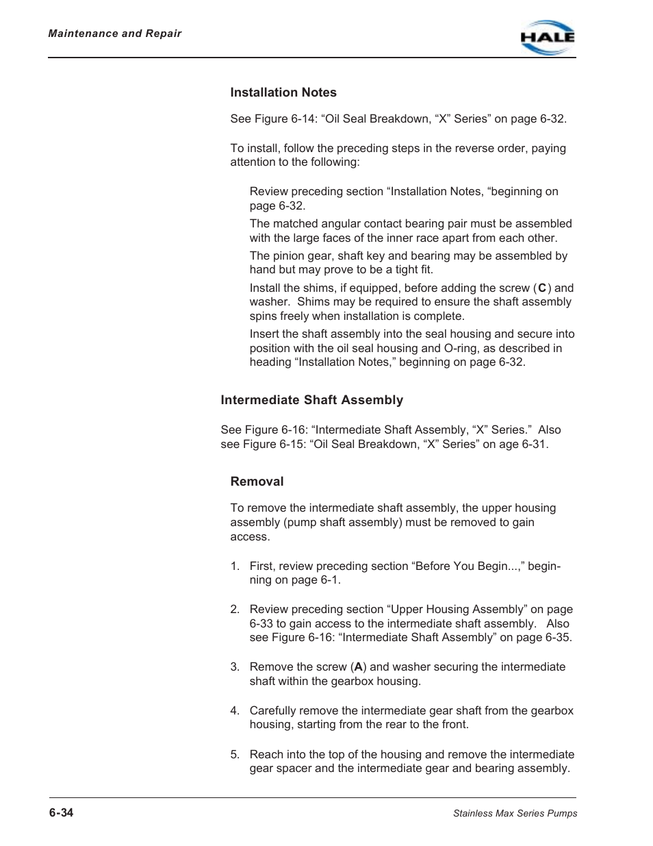 Installation notes, Intermediate shaft assembly, Removal | Hale SMR User Manual | Page 112 / 136