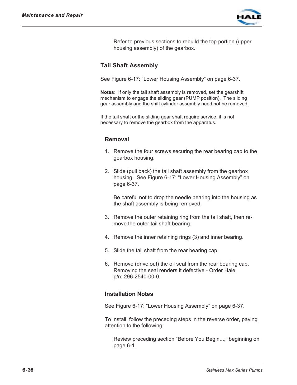 Tail shaft assembly, Removal, Installation notes | Removal installation notes | Hale SMR User Manual | Page 114 / 136