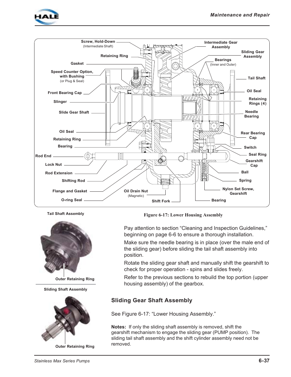 Figure 6-17: lower housing assembly, Sliding gear shaft assembly, See figure 6-17: “lower housing assembly | Hale SMR User Manual | Page 115 / 136