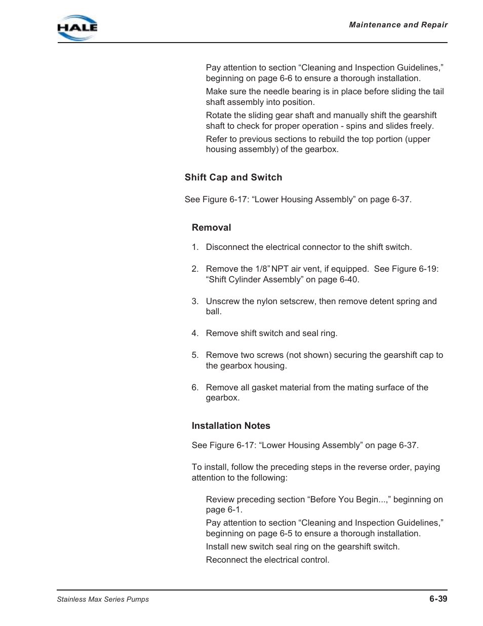 Shift cap and switch, Removal, Installation notes | Removal installation notes | Hale SMR User Manual | Page 117 / 136