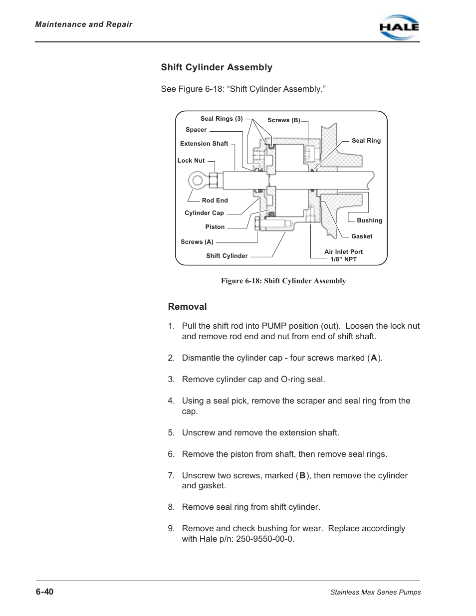 Shift cylinder assembly, Figure 6-18: shift cylinder assembly, Removal | Hale SMR User Manual | Page 118 / 136