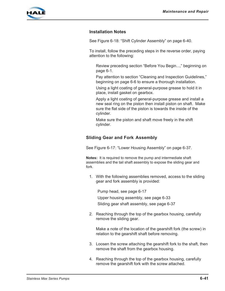 Installation notes, Sliding gear and fork assembly | Hale SMR User Manual | Page 119 / 136