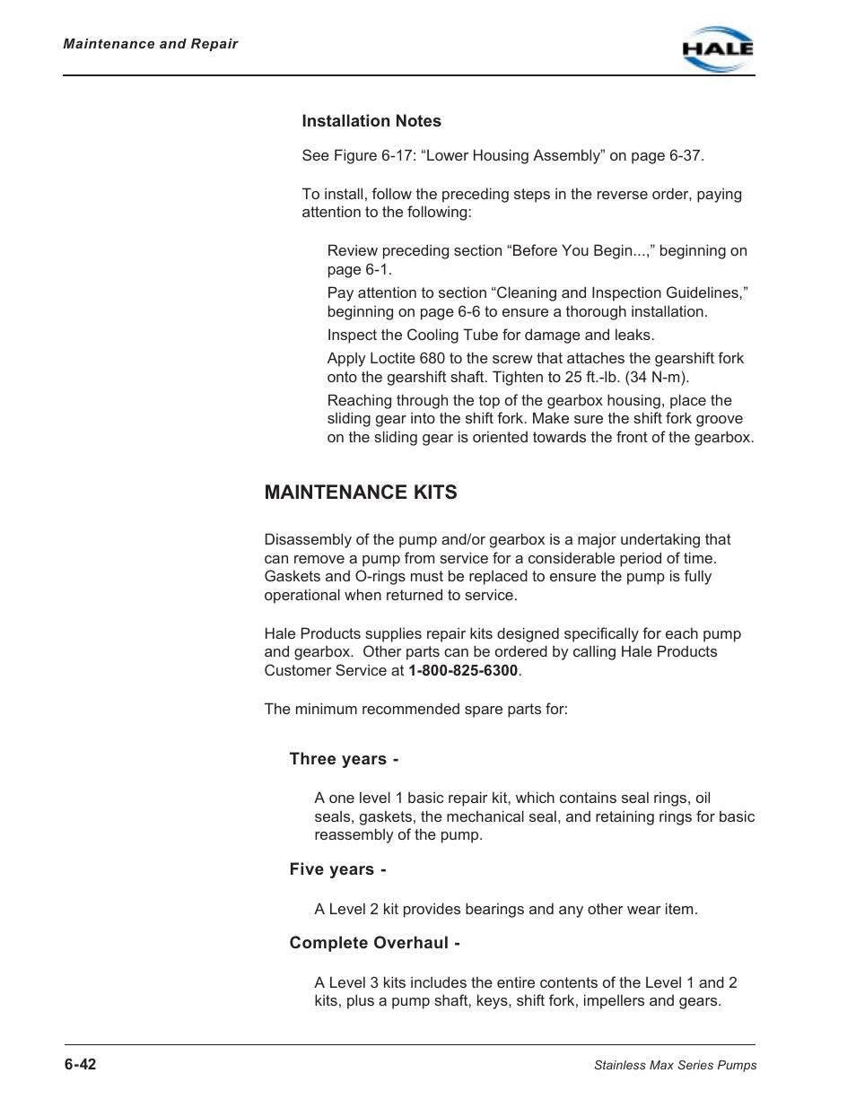 Installation notes, Maintenance kits, Three years | Five years, Complete overall, Three years five years complete overhaul | Hale SMR User Manual | Page 120 / 136