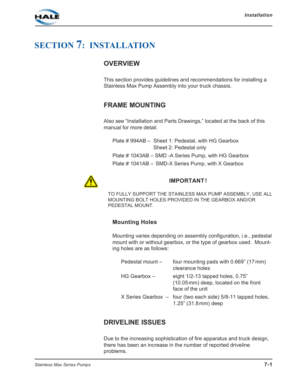 Section 7: installation, Overview, Frome mounting | Mounting holes, Driveline issues, Section, Installation, Frame mounting | Hale SMR User Manual | Page 125 / 136