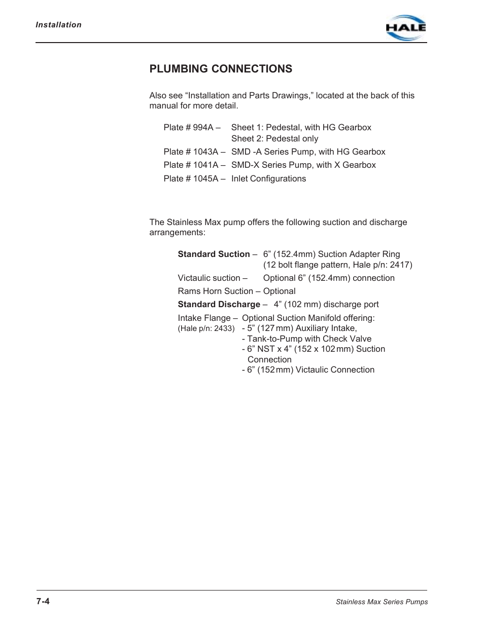 Plumbing connections | Hale SMR User Manual | Page 128 / 136