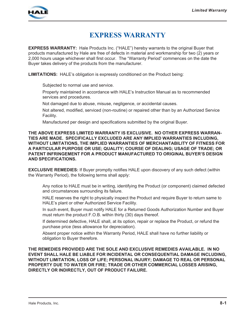 Express warranty, Express warranty -1 | Hale SMR User Manual | Page 129 / 136