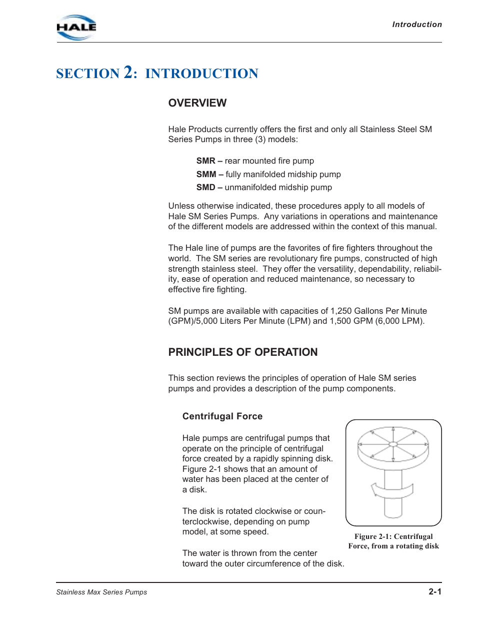 Section 2: introduction, Overview, Principles of operation | Centrifugal force, Section, Introduction -1, Introduction | Hale SMR User Manual | Page 15 / 136