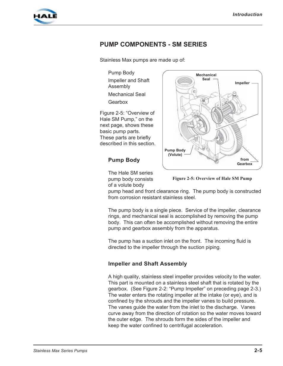 Pump components - sm series, Figure 2-5: overview of hale sm pump, Pump body | Impeller and shaft assembly, Pump body impeller and shaft assembly | Hale SMR User Manual | Page 19 / 136