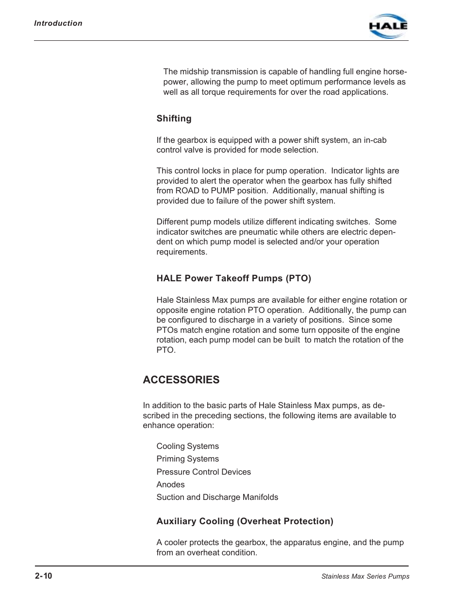 Shifting, Hale power takeoff pumps (pto), Accessories | Auxiliary cooling (overheat protection), Shifting hale power takeoff pumps (pto) | Hale SMR User Manual | Page 24 / 136