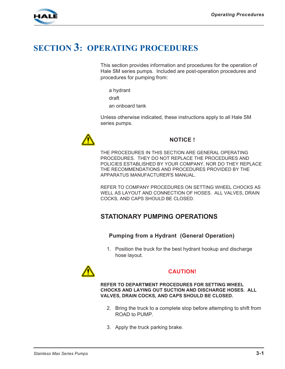 Section 3: operating procedures, Stationary pumping operations, Pumping from a hydrant (general operation) | Section, Operating procedures -1, Operating procedures | Hale SMR User Manual | Page 35 / 136