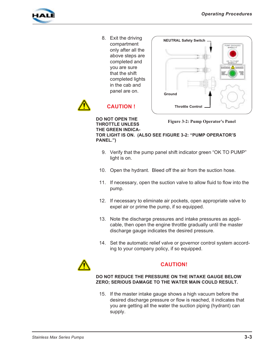 Figure 3-2: pump operator's panel, Caution | Hale SMR User Manual | Page 37 / 136