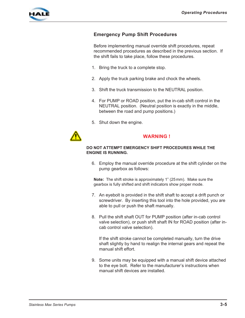 Emergency pump shift procedures | Hale SMR User Manual | Page 39 / 136