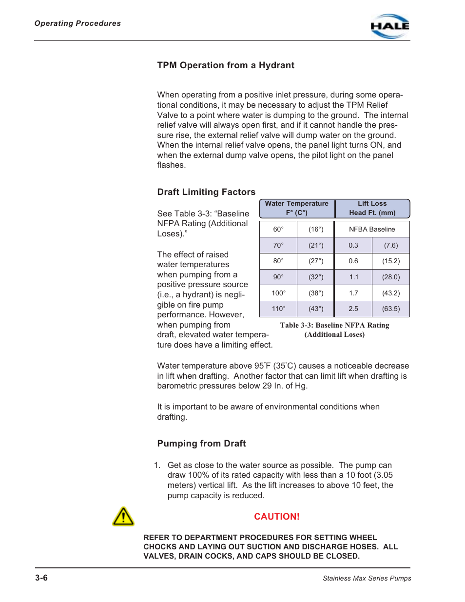 Tpm operation from a hydrant, Draft limiting factors, Table 3-3: baseline nfpa rating | Pumping from draft, Table 3-3: baseline nfpa rating (additional loses), Caution | Hale SMR User Manual | Page 40 / 136