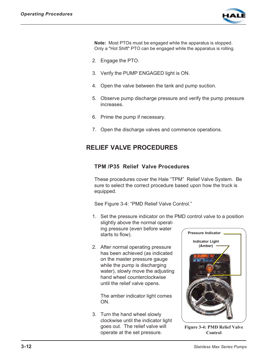 Relief valve procedures, Tpm /p35 relief valve procedures, Figure 3-4: pmd relief valve control | Hale SMR User Manual | Page 46 / 136