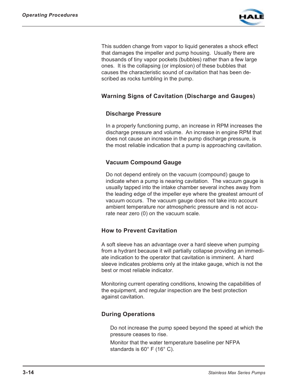 Warning signs of cavitation (discharge and gauges), Discharge pressure, Vacuum compound gauge | How to prevent cavitation, During operations, Discharge pressure vacuum compound gauge, How to prevent cavitation during operations | Hale SMR User Manual | Page 48 / 136