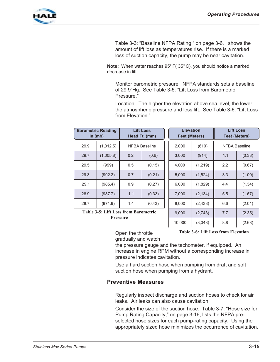 Table 3-5: lift loss from barometric pressure, Table 3-6: lift loss from elevation, Preventive measures | Hale SMR User Manual | Page 49 / 136