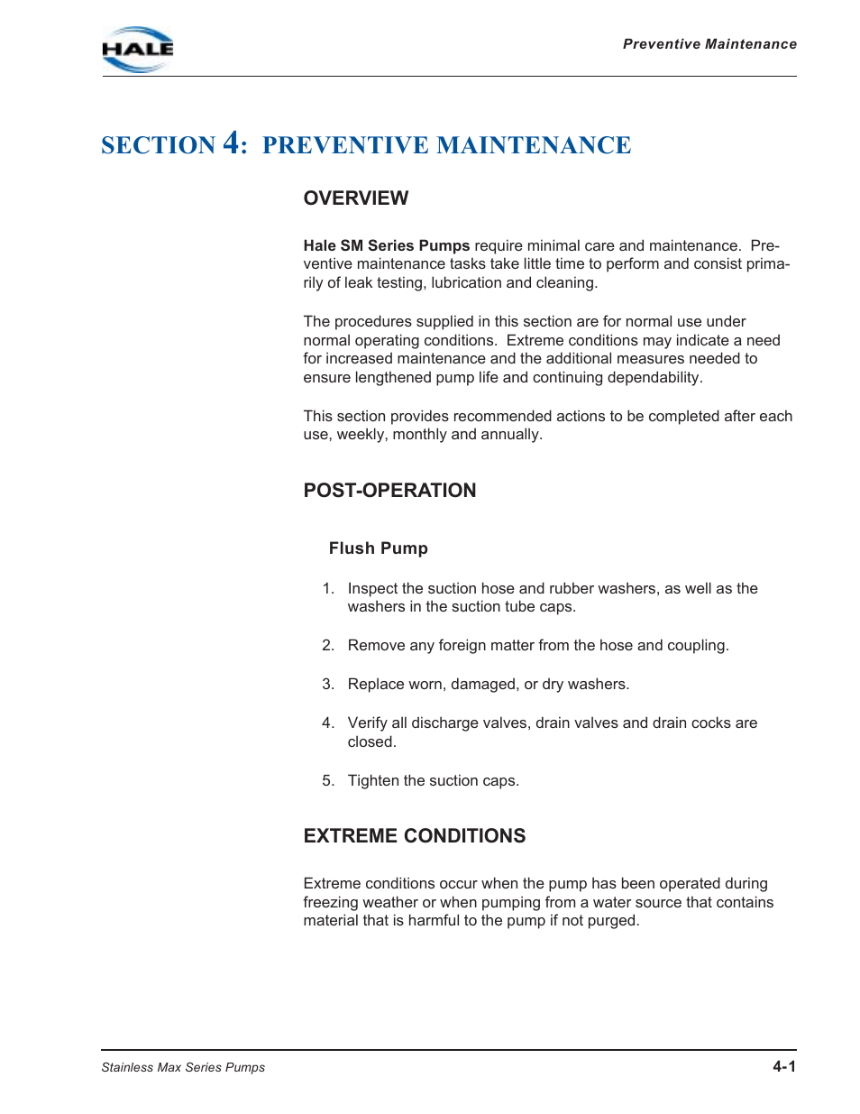 Section 4: preventive maintenance, Overview, Post-operation | Flush pump, Extreme conditions, Section, Preventive maintenance -1, Preventive maintenance | Hale SMR User Manual | Page 53 / 136