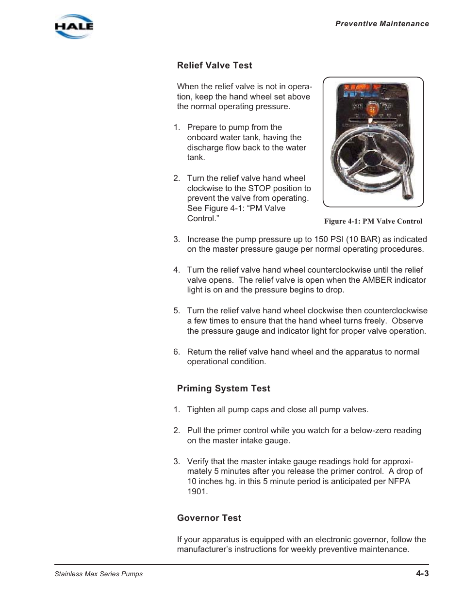 Relief valve test, Figure 4-1: pm valve control, Priming system test | Governor test | Hale SMR User Manual | Page 55 / 136