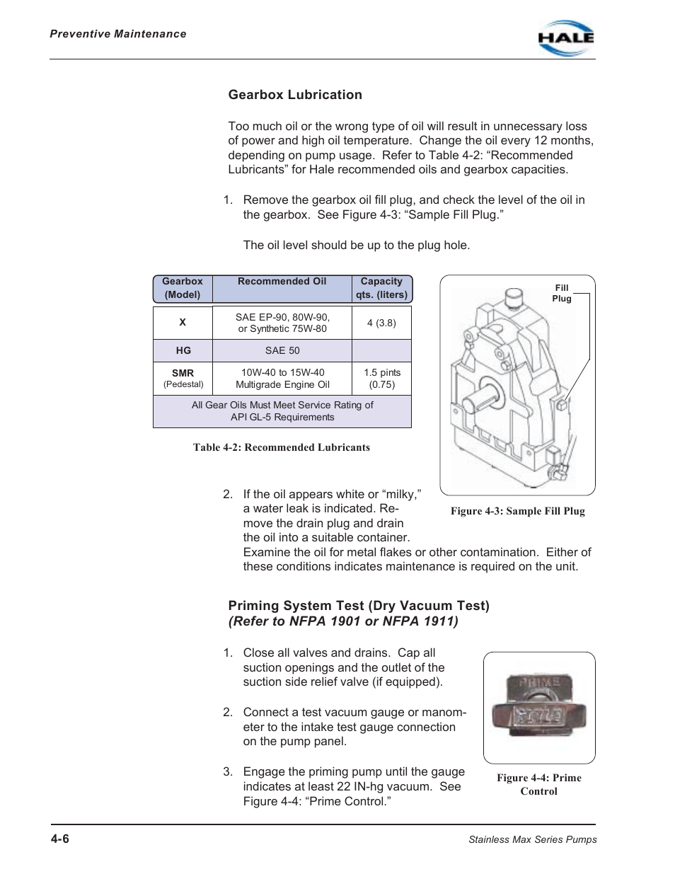 Gearbox lubrication, Table 4-2: recommended lubricants, Figure 4-3: sample fill plug | Figure 4-4: prime control | Hale SMR User Manual | Page 58 / 136