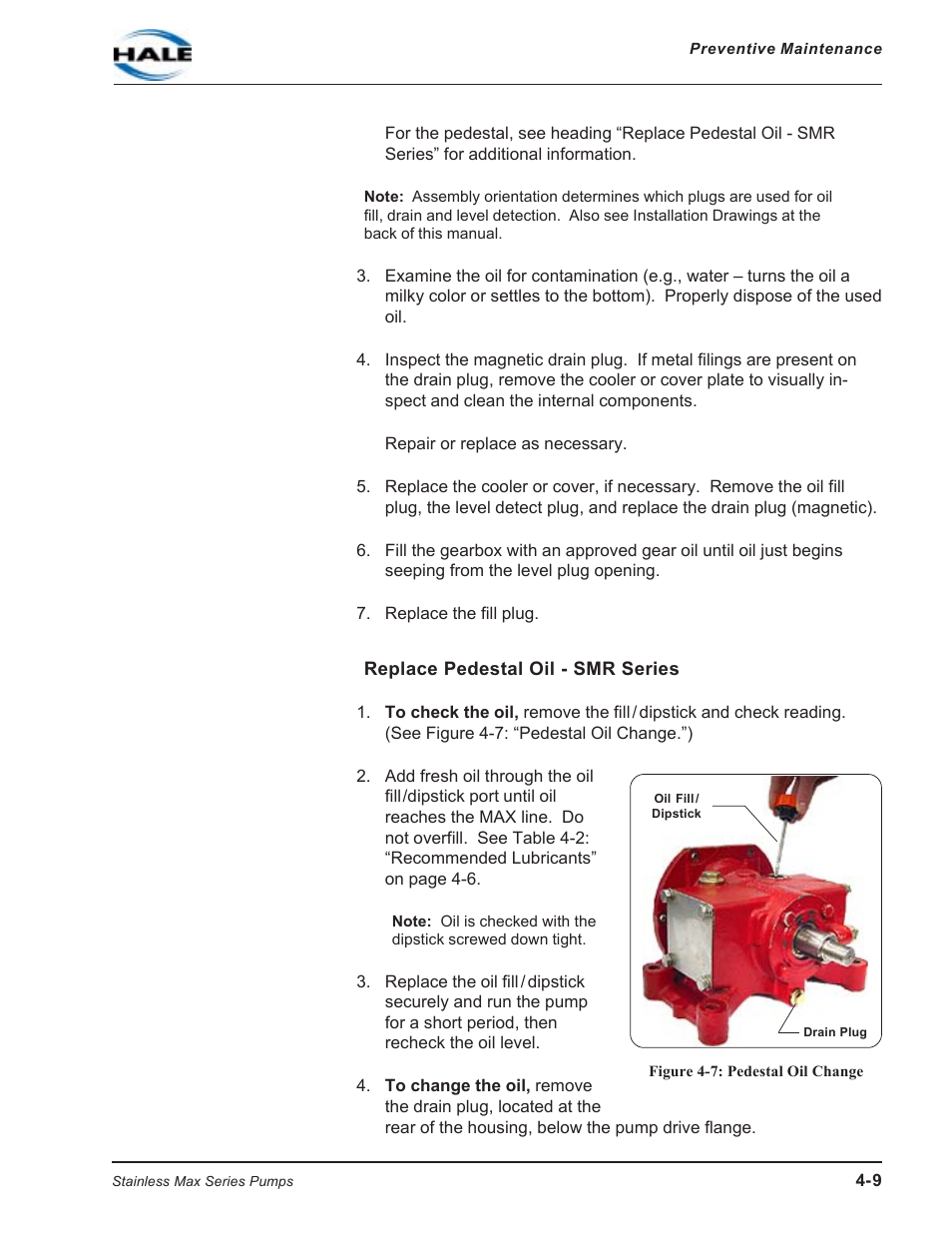 Replace pedestal oil - smr series, Figure 4-7: pedestal oil change | Hale SMR User Manual | Page 61 / 136