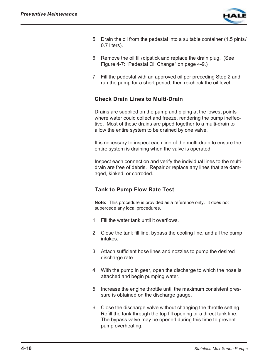 Check drain lines to multi-drain, Tank to pump flow rate test | Hale SMR User Manual | Page 62 / 136