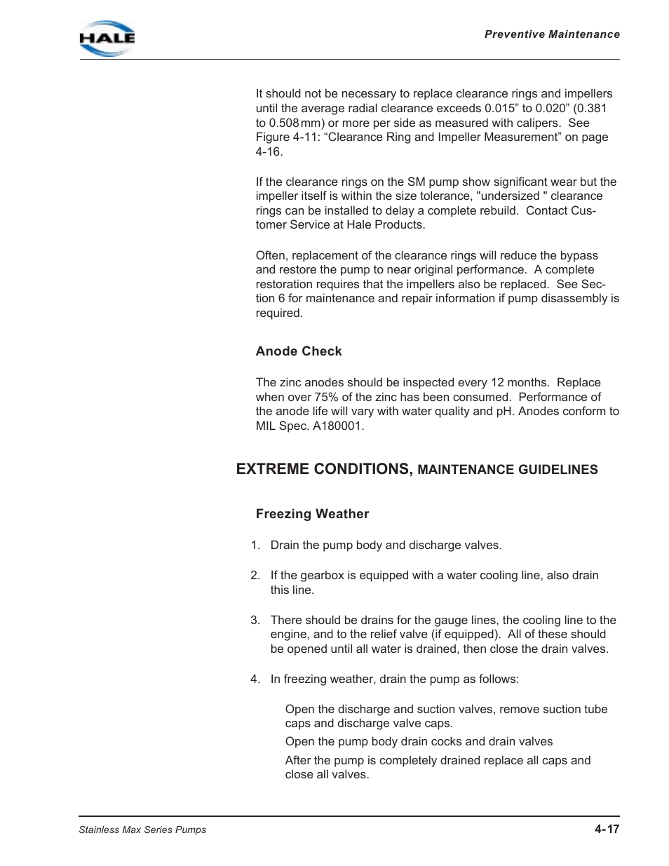 Anode check, Extreme conditions, maintenance guidelines, Freezing weather | Extreme conditions | Hale SMR User Manual | Page 69 / 136
