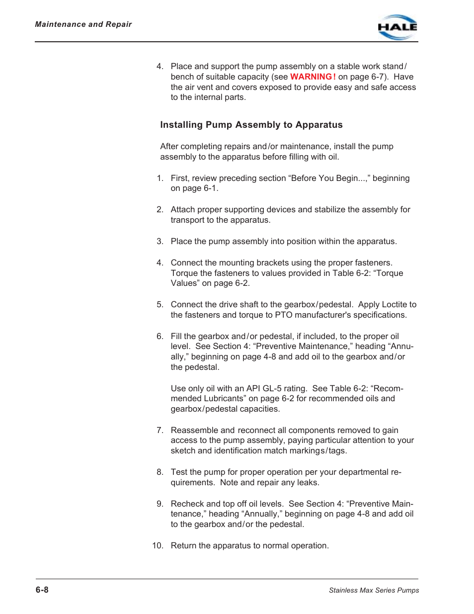 Installing pump and gearbox to apparatus | Hale SMR User Manual | Page 86 / 136