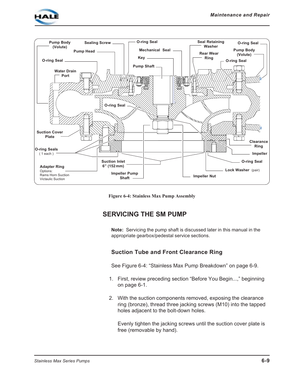 Figure 6-4: stainless max pump assembly, Servicing the sm pump, Suction tube and front clearance ring | Hale SMR User Manual | Page 87 / 136