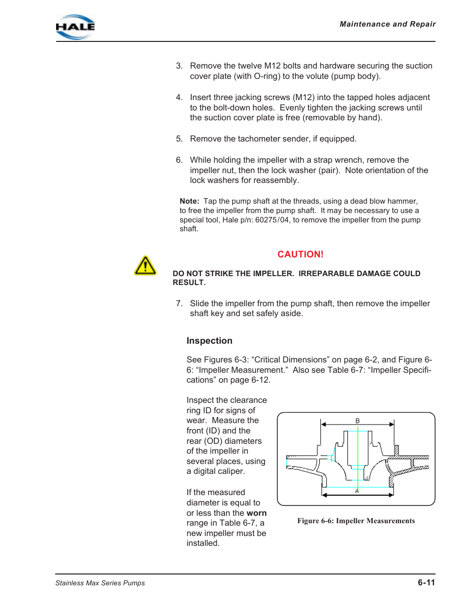 Inspection, Figure 6-6: impeller measurements | Hale SMR User Manual | Page 89 / 136