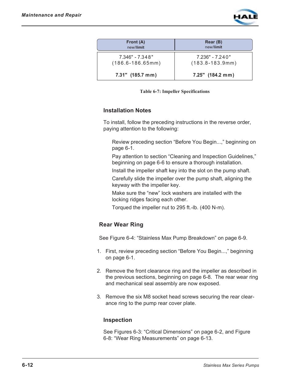 Table 6-7: impeller specifications, Installation notes, Rear wear ring | Inspection | Hale SMR User Manual | Page 90 / 136