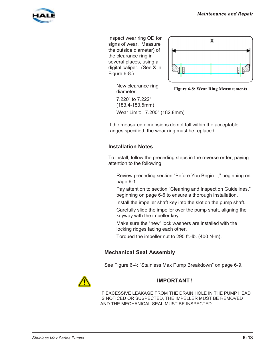 Figure 6-8: wear ring measurements, Installation notes, Mechanical seal assembly | Hale SMR User Manual | Page 91 / 136