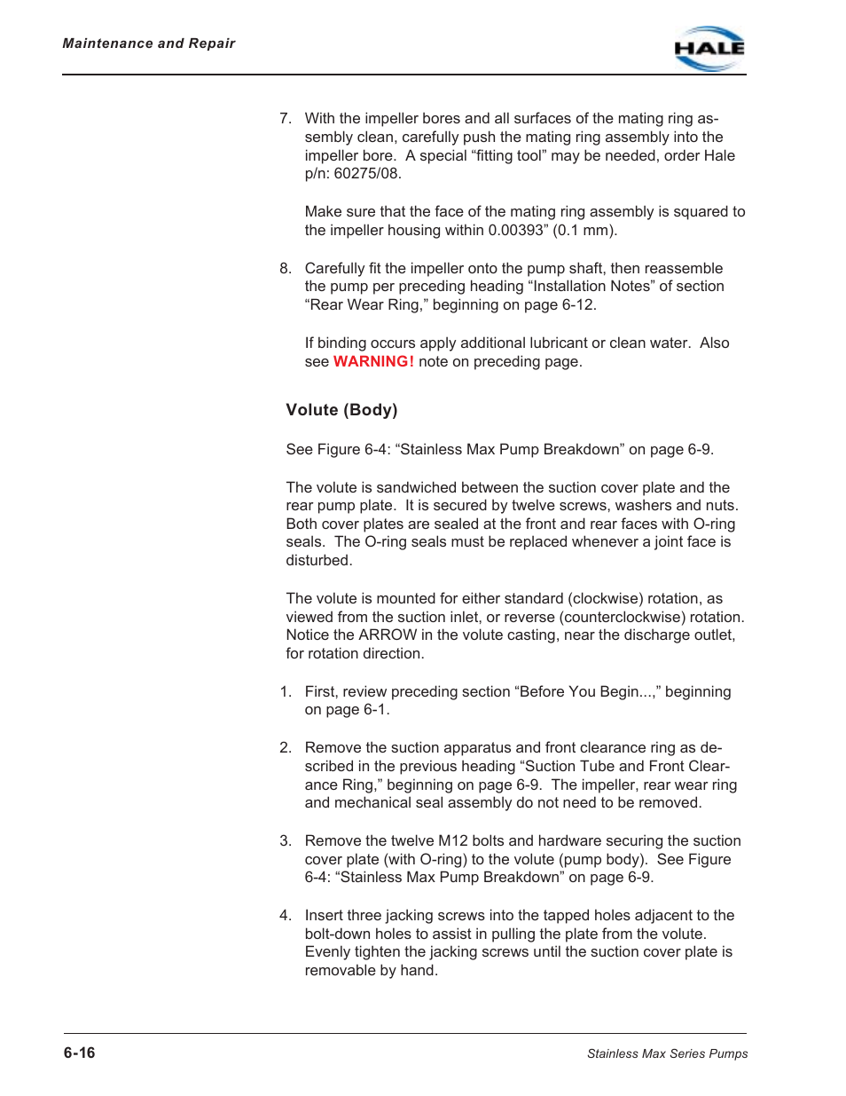 Volute (body) | Hale SMR User Manual | Page 94 / 136