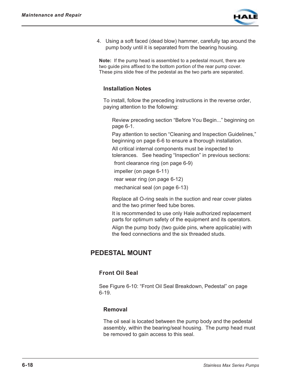 Installation notes, Pedestal mount, Front oil seal | Removal | Hale SMR User Manual | Page 96 / 136