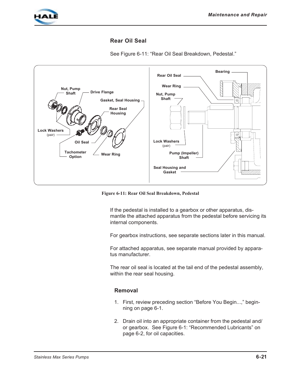 Rear oil seal, Figure 6-11: rear oil seal breakdown, pedestal, Removal | Hale SMR User Manual | Page 99 / 136