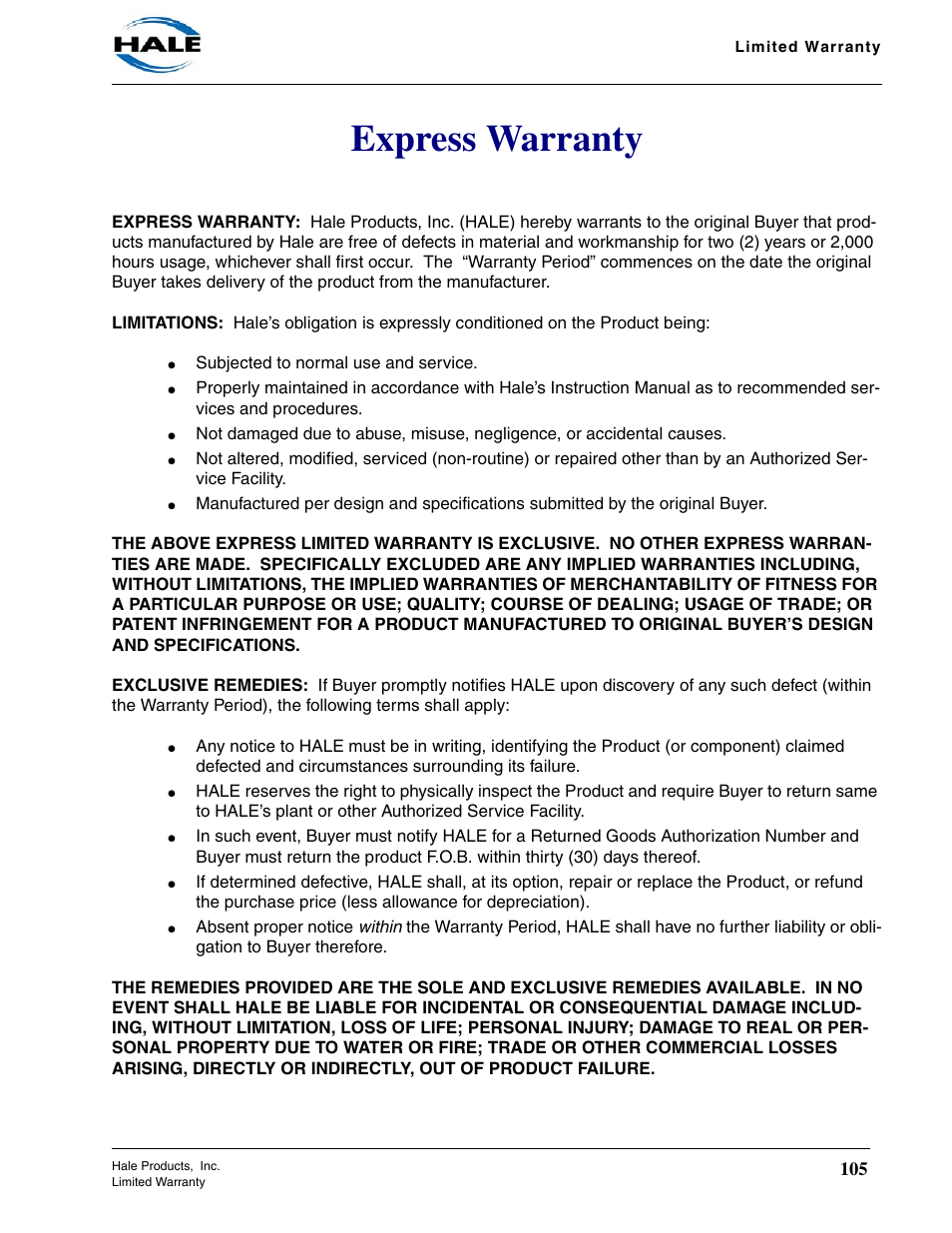 Express warranty | Hale MBP Booster User Manual | Page 106 / 116