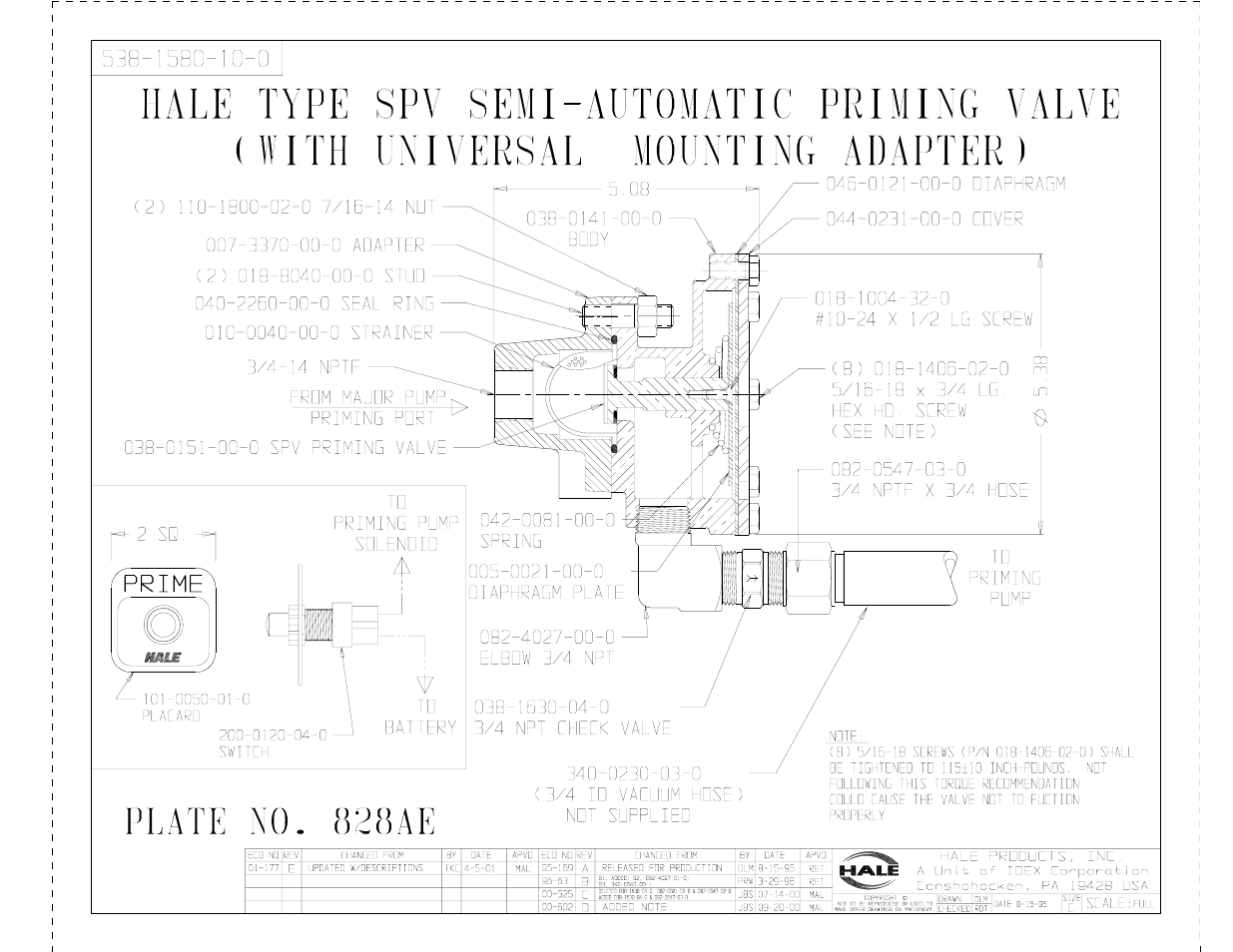 Spv priming valve, plate # 828a | Hale MBP Booster User Manual | Page 115 / 116