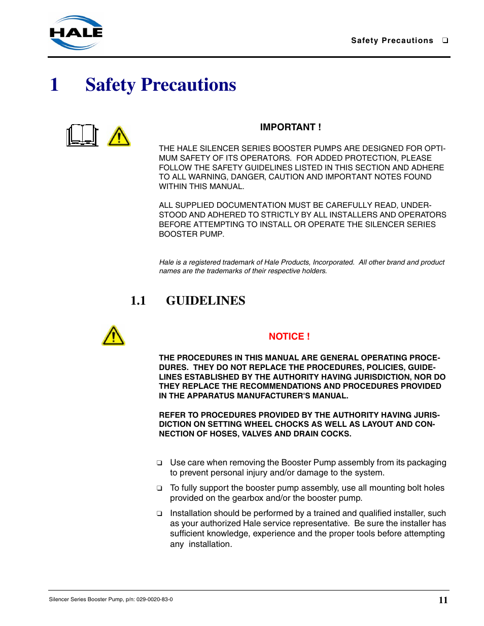 1 safety precautions, 1 guidelines, Safety precautions | 1safety precautions | Hale MBP Booster User Manual | Page 12 / 116