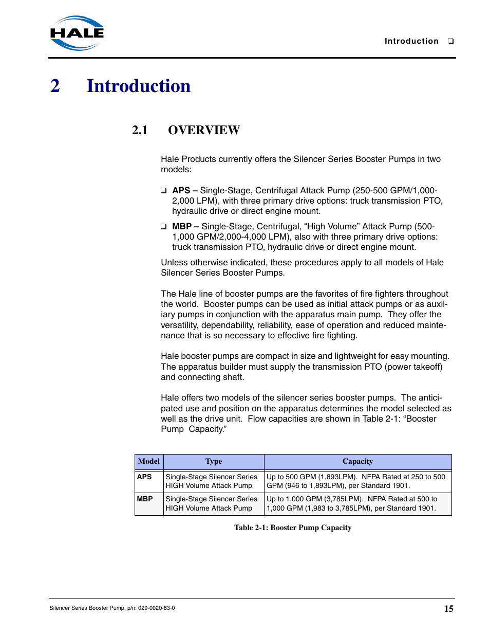 2 introduction, 1 overview, Table 2-1: booster pump capacity | Introduction, 2introduction | Hale MBP Booster User Manual | Page 16 / 116