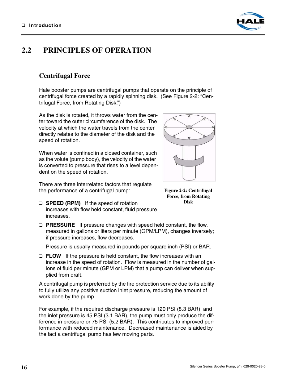 2 principles of operation, Centrifugal force, Figure 2-2: centrifugal force, from rotating disk | Hale MBP Booster User Manual | Page 17 / 116