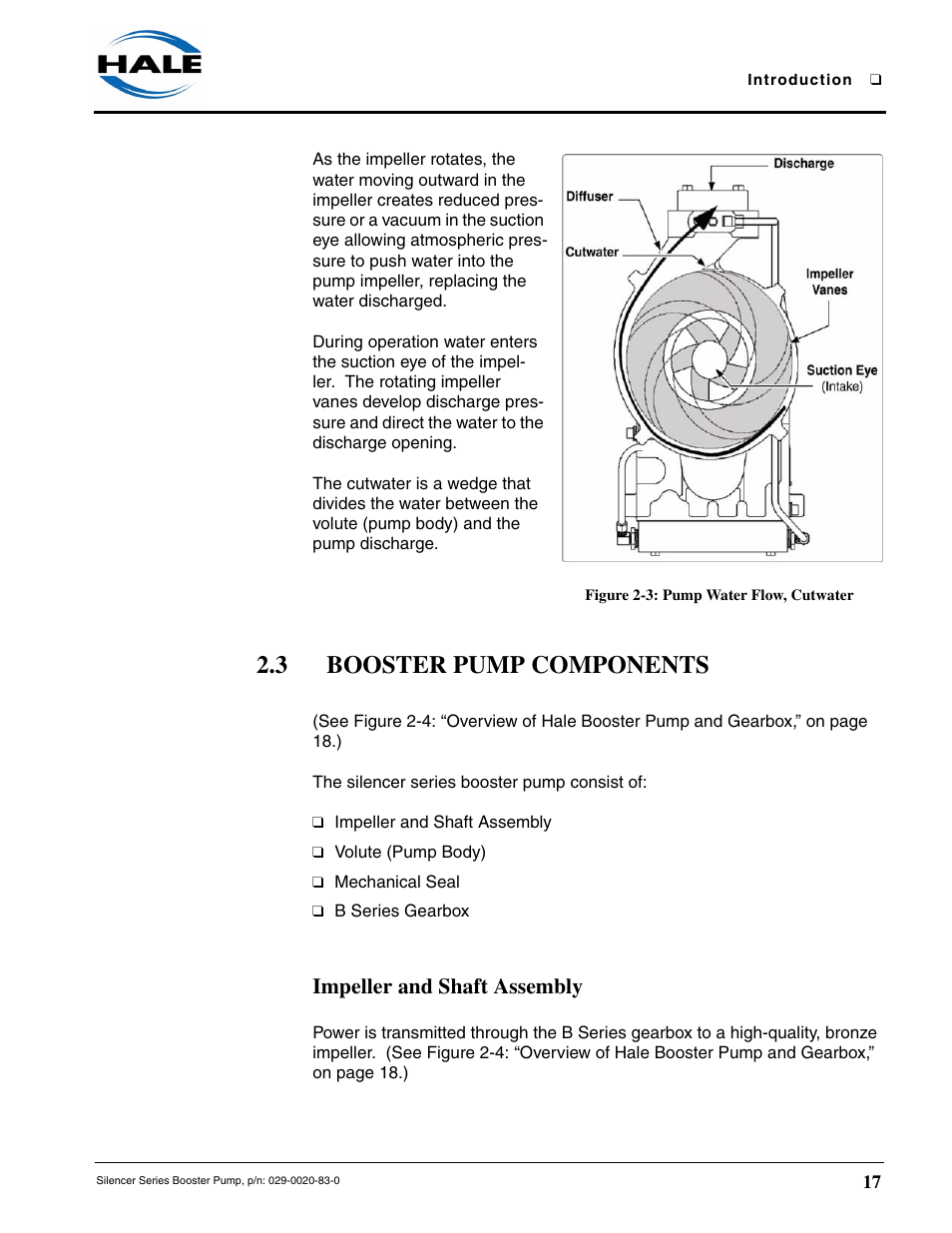 Figure 2-3: pump water flow, cutwater, 3 booster pump components, Impeller and shaft assembly | Hale MBP Booster User Manual | Page 18 / 116